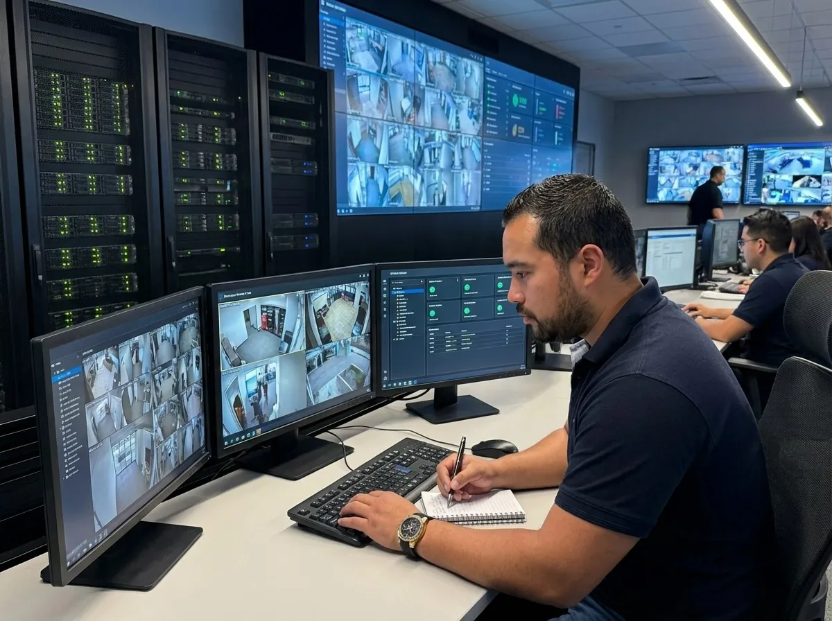 Centro de monitoreo con varias pantallas de cámaras