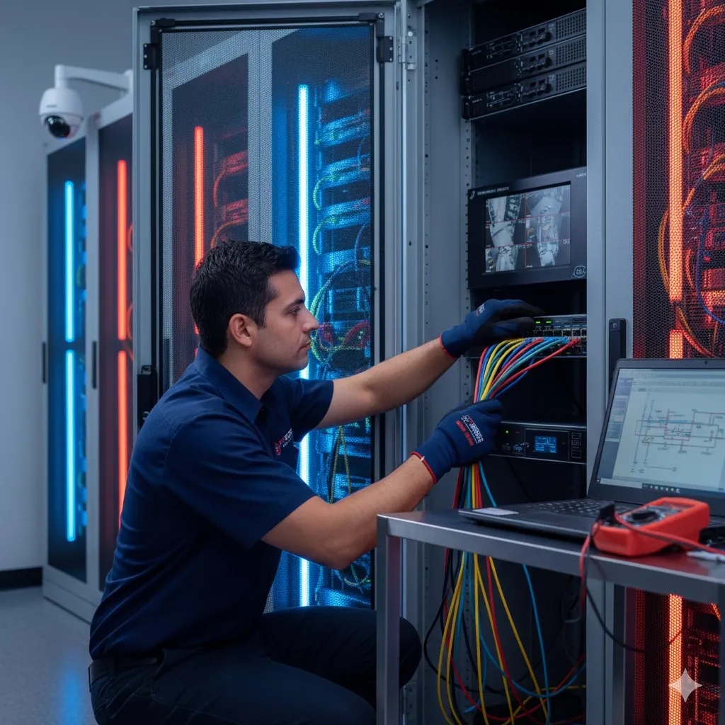 Técnico conectando cableado en un rack de red